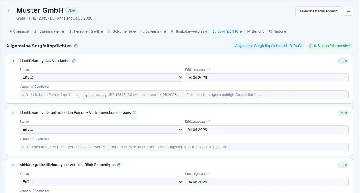 Allgemeine Sorgfaltspflichten mit Status, Datum und Vermerk je Pflicht